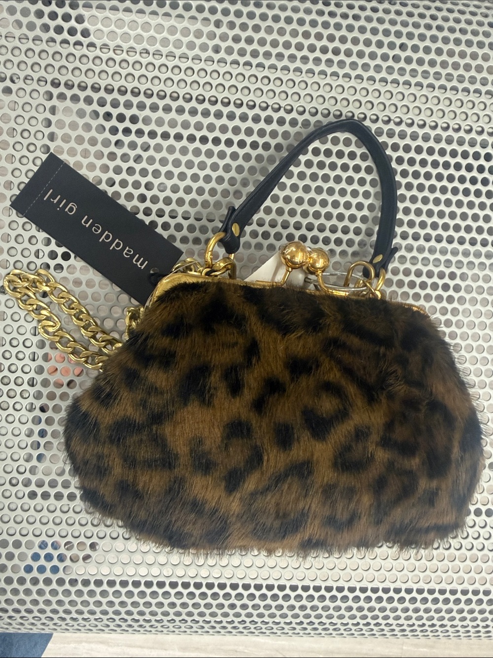 Madden Girl Leopard Faux-Fur Mini Top-Handle Bag with Gold Chain